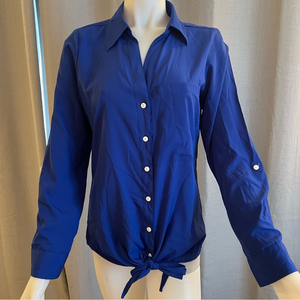 Women's Royal Blue Button-Up Shirt Front Tie Business Casual Silk Like College